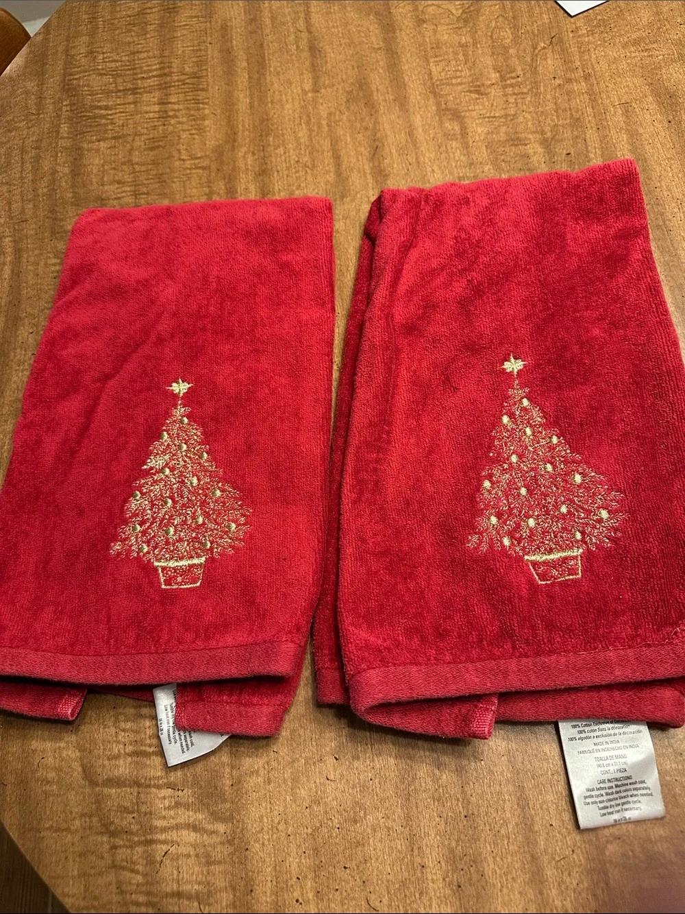 Festive Red Hand Towels with Gold Embroidered Tree - Set of 2